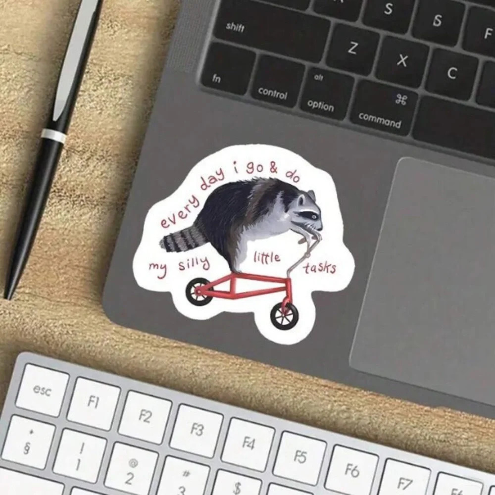 Gray red raccoon riding bike vinyl sticker decor laptop cup phone book tablet - Picture 7 of 8